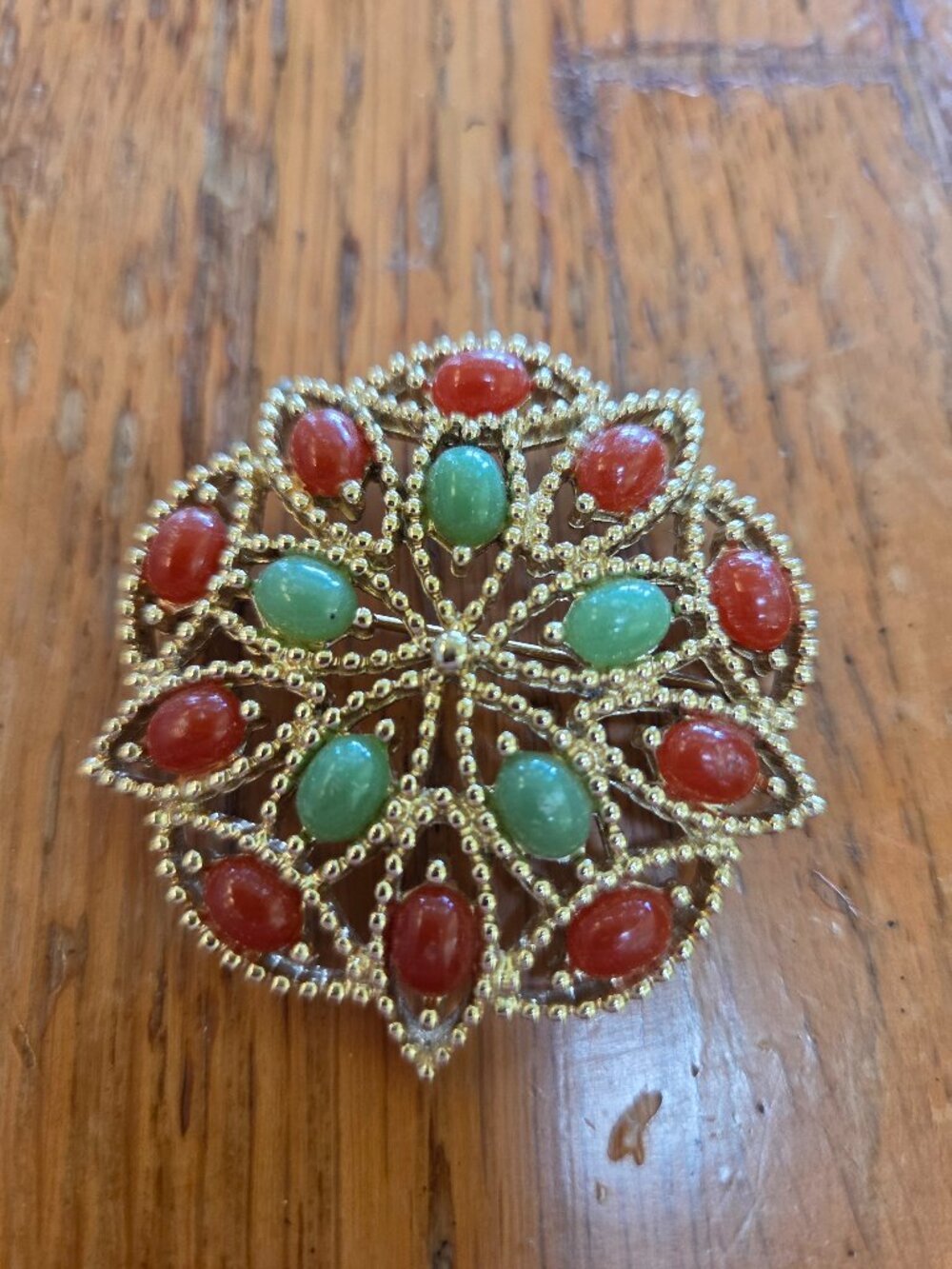 Vintage Sarah Coventry "Acapulco" Brooch with Faux Red Coral and Green Jade